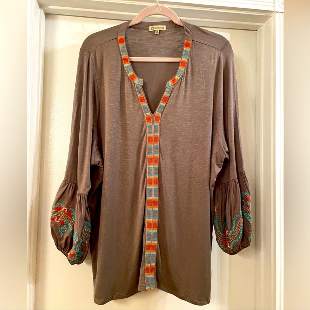 Democracy Brown/Orange/Turquoise Tunic with Puff Sleeves